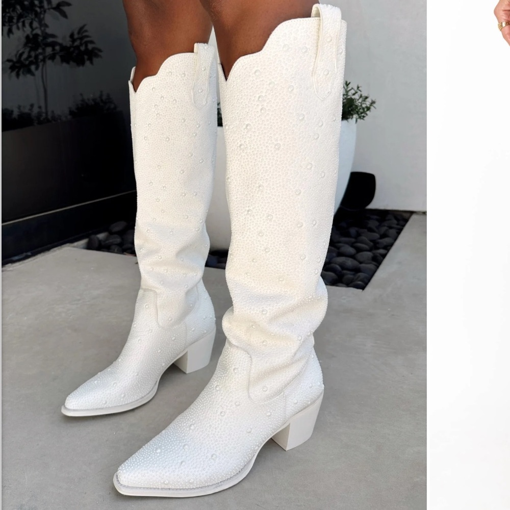 Billini White Embellished Western Knee-High Boots